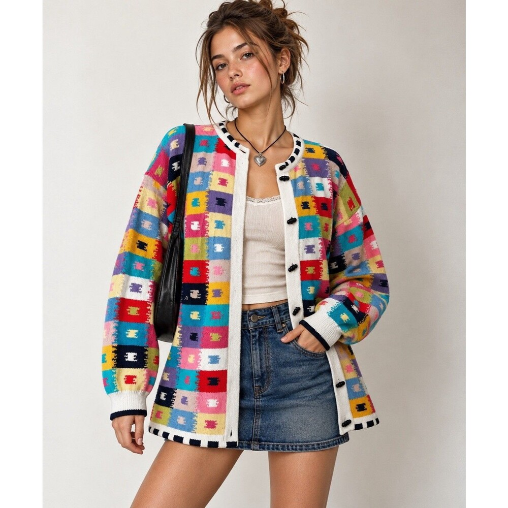 VTG 90s Christine Foley Patchwork Cardigan Sweater L Toggle Colorful Geometric
